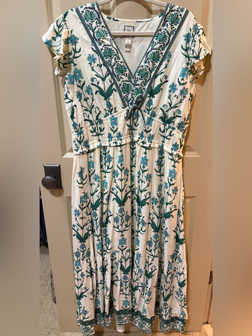 Cream Maxi Dress with Teal Floral Print